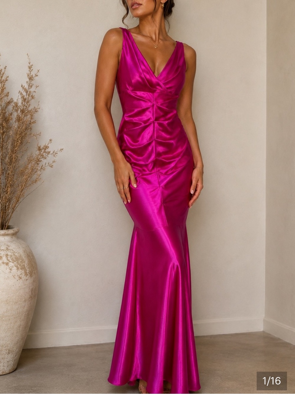 Caché magenta Satin Ruched V-Neck fishtail Evening Dress gown vintage Y2K - Picture 1 of 7